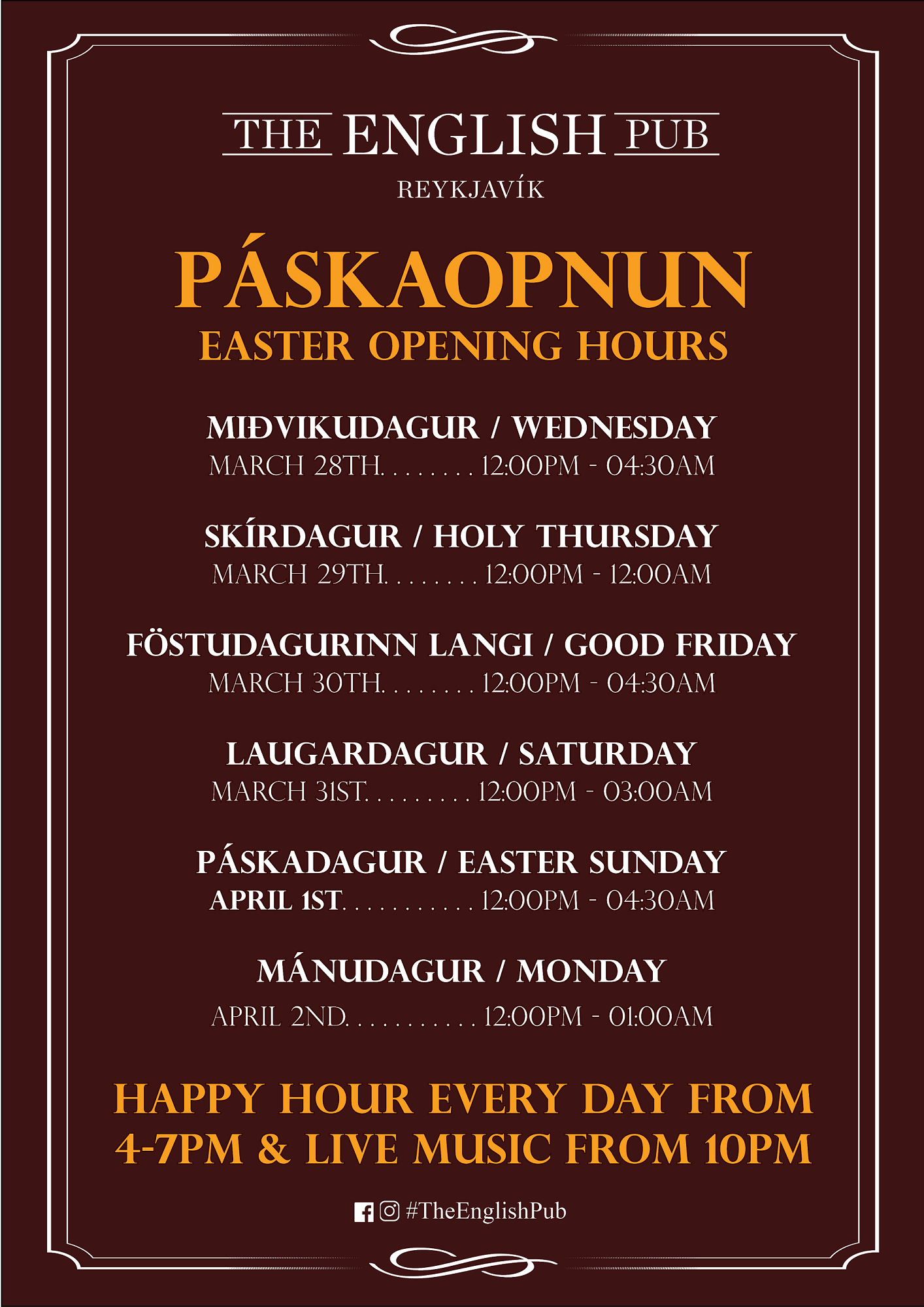 Easter Opening Hours at The English Pub The English Pub