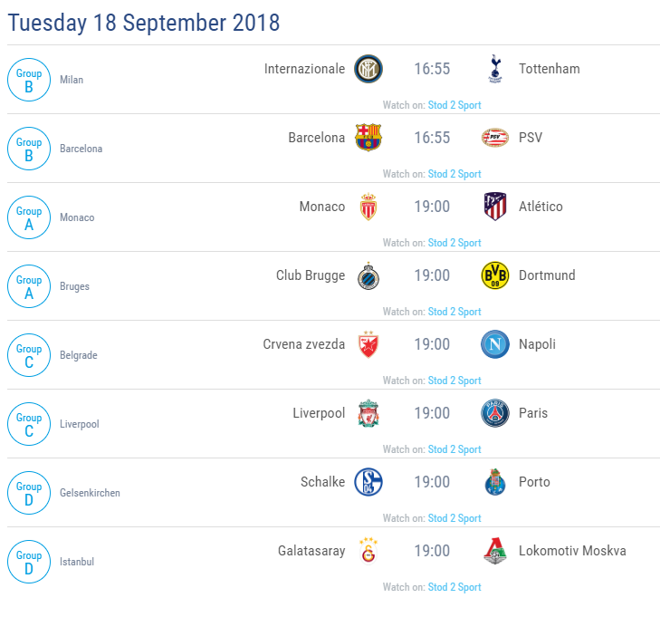 Uefa Champion League The English Pub Schedule September 18th 2018